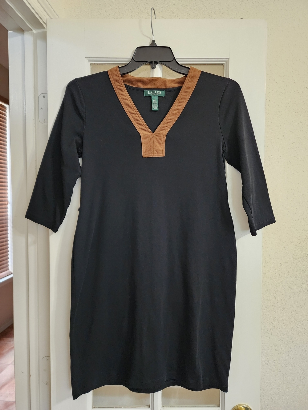 Lauren Ralph Lauren Petite Black Knit Dress Faux Suede Trim V Neck PL
